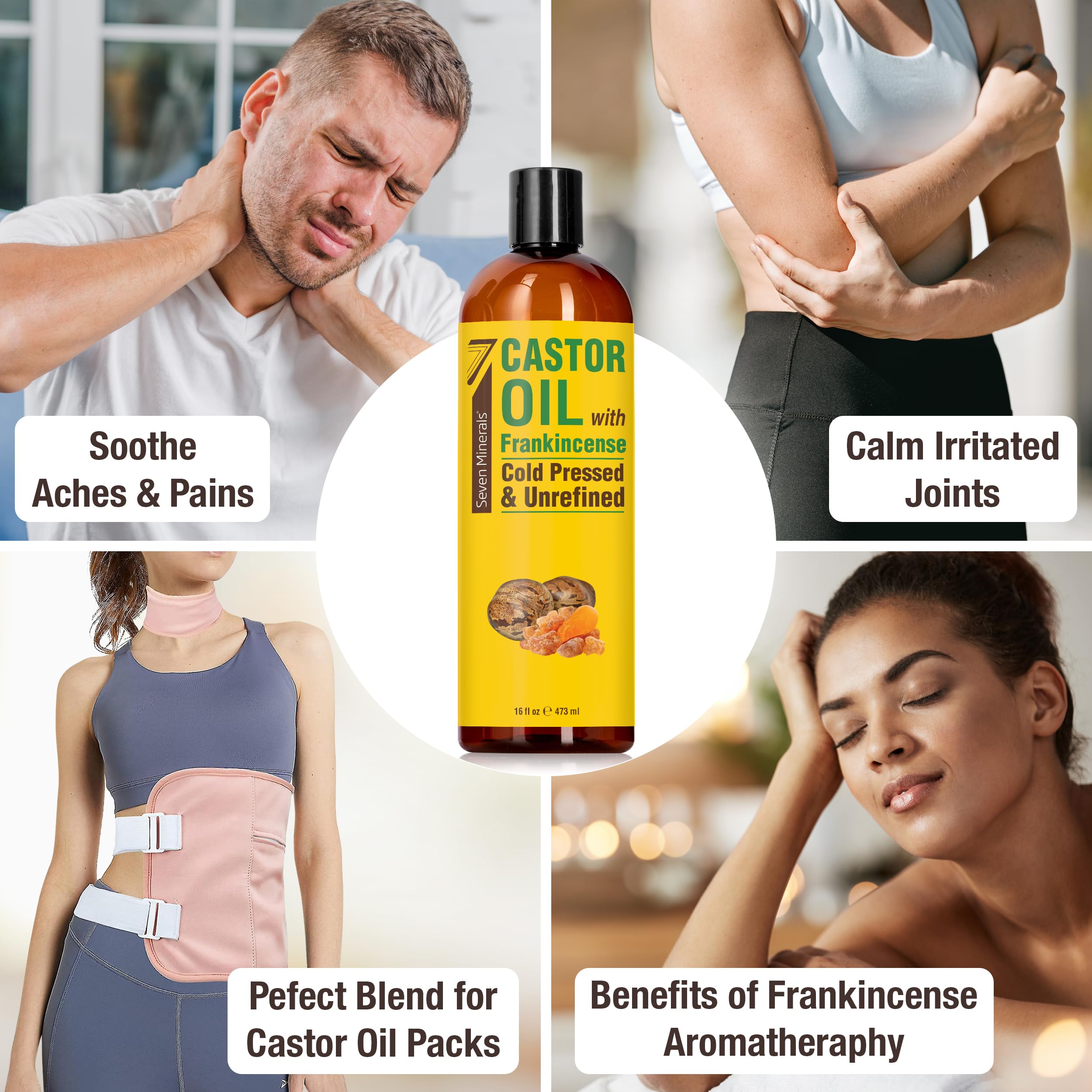 Seven Minerals cold pressed castor oil bottle closeup highlighting hexane-free formula.