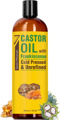 Seven Minerals cold pressed castor oil bottle for hair care and scalp nourishment.