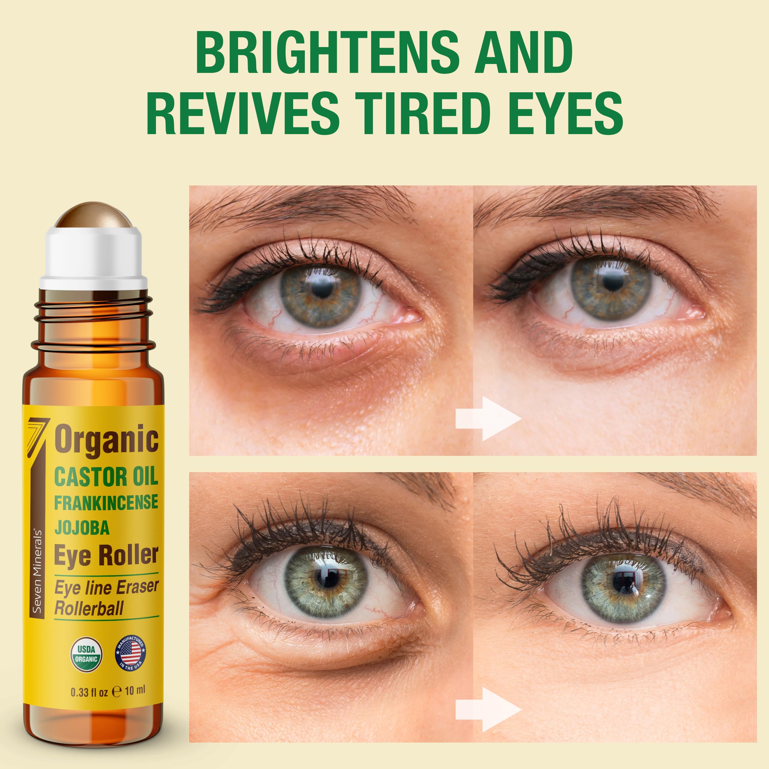 Seven Minerals eye roller with stainless steel ball delivers precise, mess-free application.