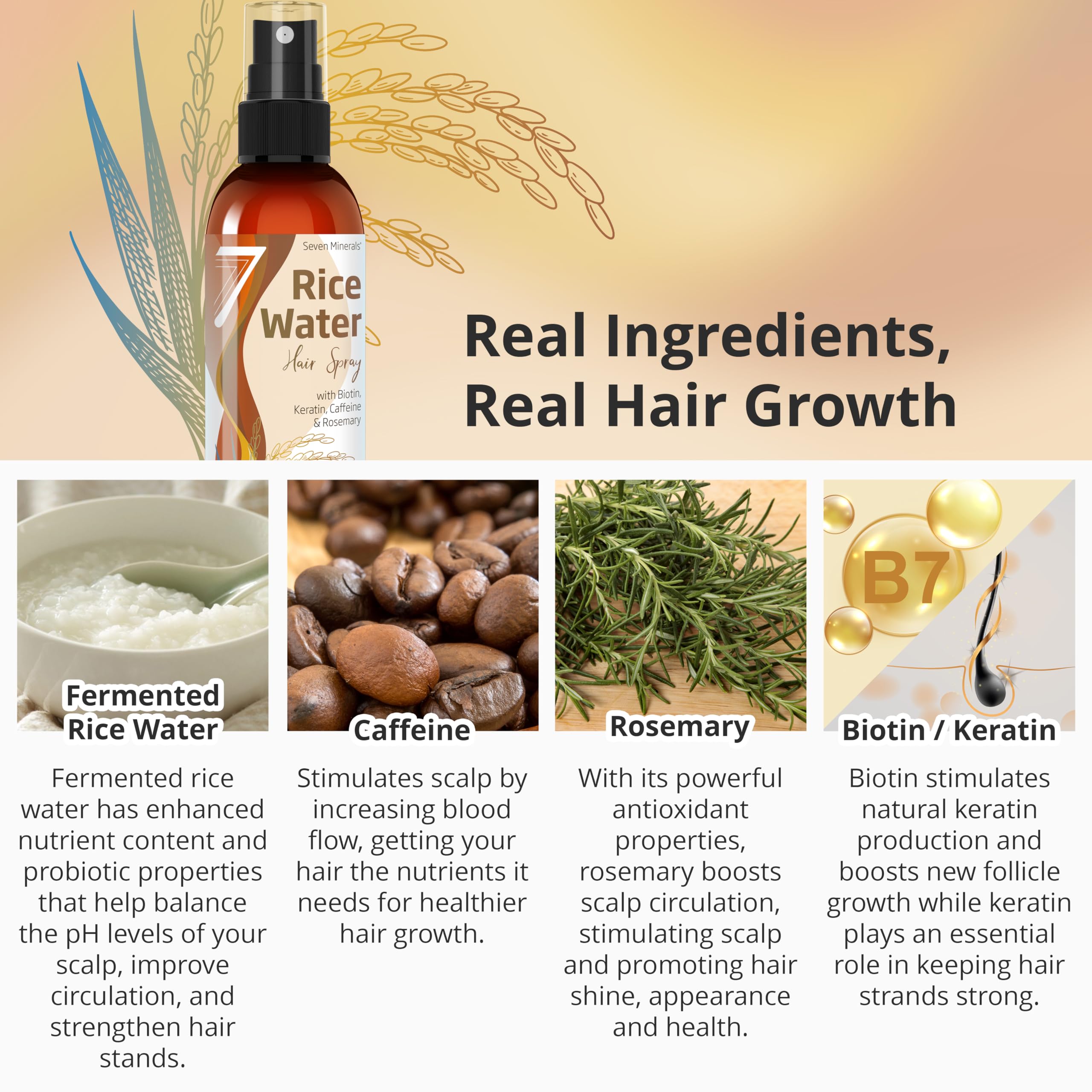 Seven Minerals fermented rice water biotin spray highlights hair-friendly nourishment for stronger strands.