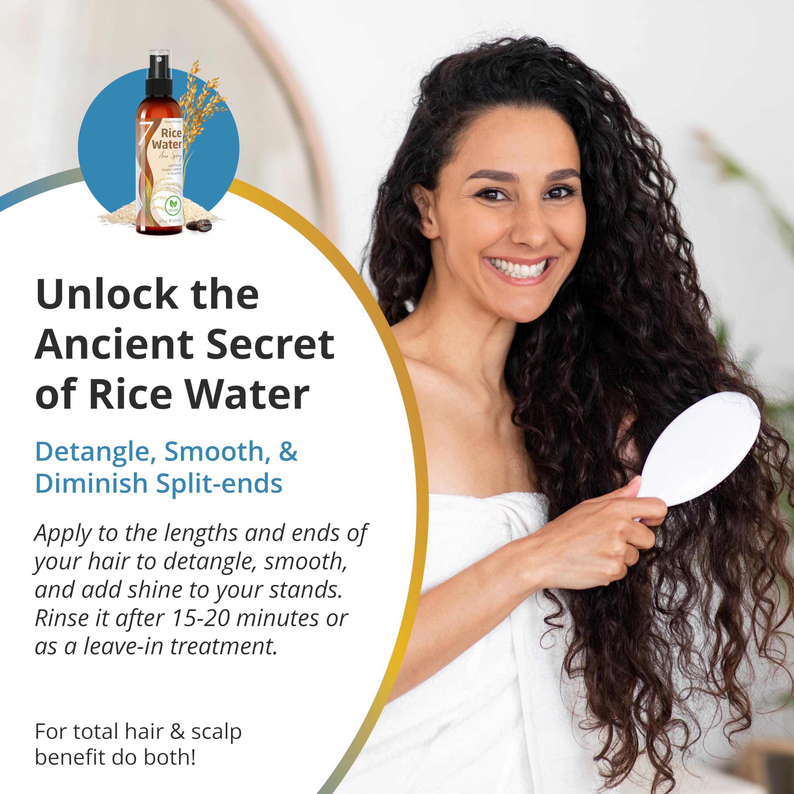 Seven Minerals fermented rice water keratin spray closeup emphasizing reinforcing hair fibers and smoothness.