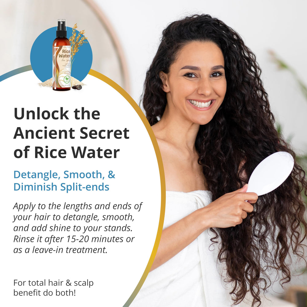 Seven Minerals fermented rice water keratin spray closeup emphasizing reinforcing hair fibers and smoothness.