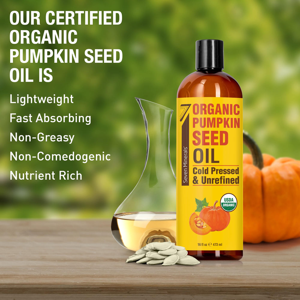 Seven Minerals Pumpkin Seed Oil bottle with focus on hair strand hydration and shine.