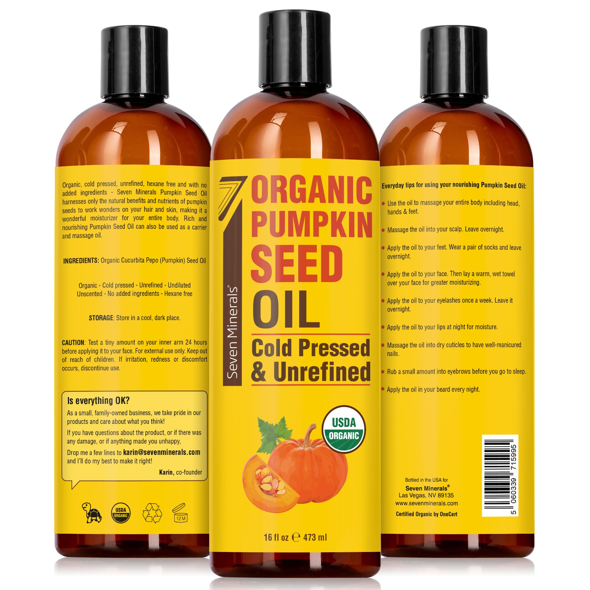 Seven Minerals Pumpkin Seed Oil label highlights USDA Organic and cold-pressed processing.