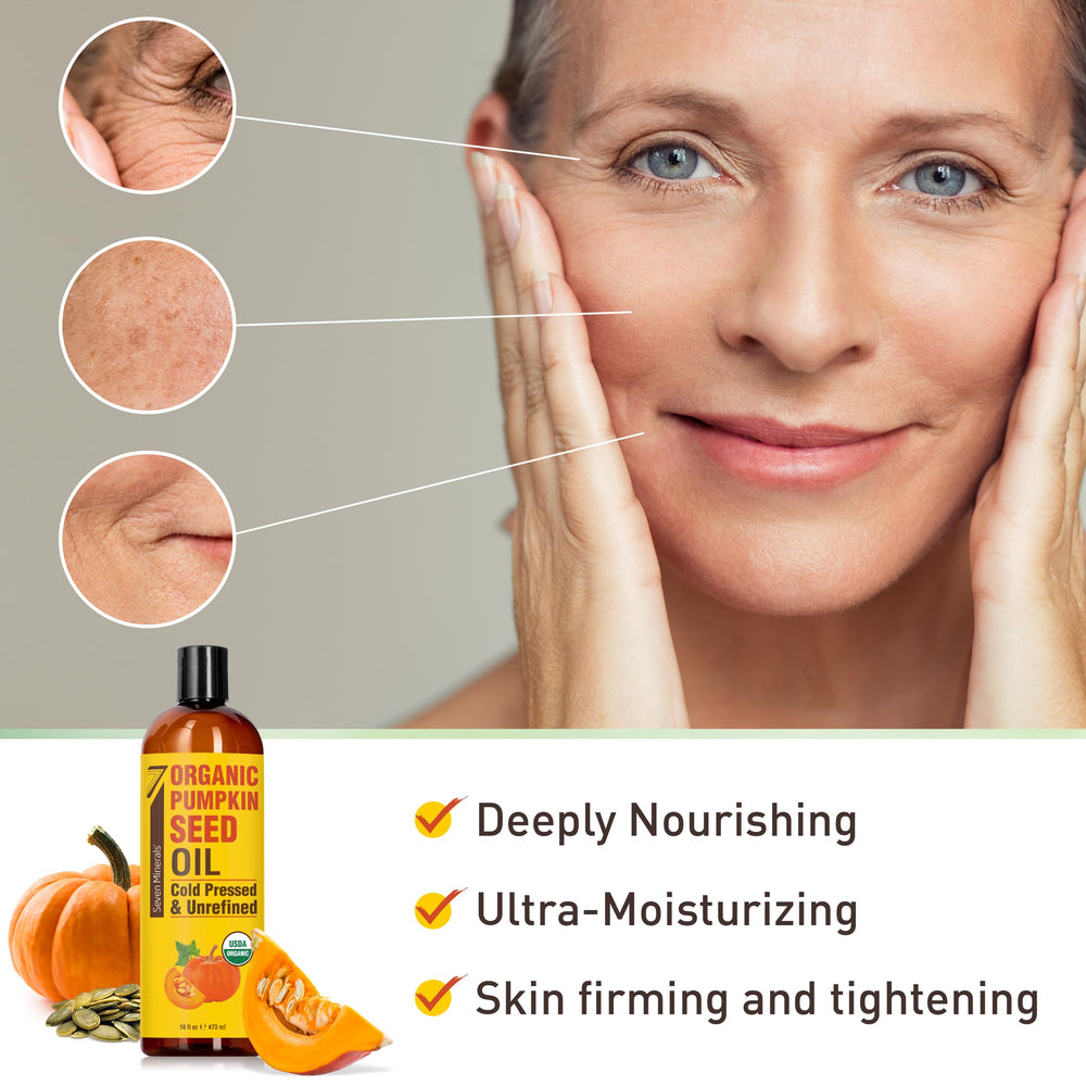 Seven Minerals Pumpkin Seed Oil on skin delivering deep hydration and soothing feel.