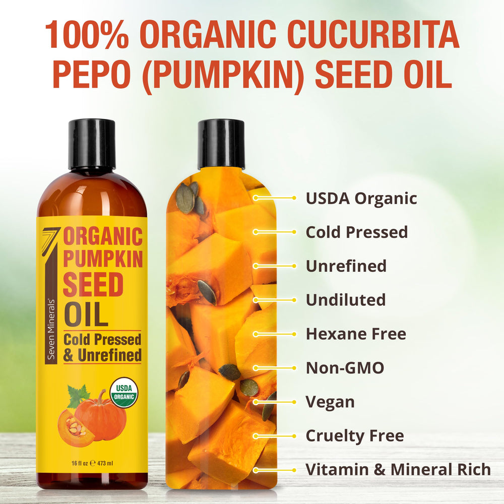 Seven Minerals Pumpkin Seed Oil pour demonstrates lightweight, fast-absorbing moisture for skin.