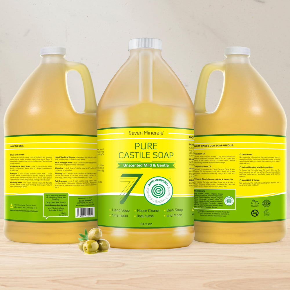 Seven Minerals Pure Castile Soap for baby wash unscented delivers a gentle clean.