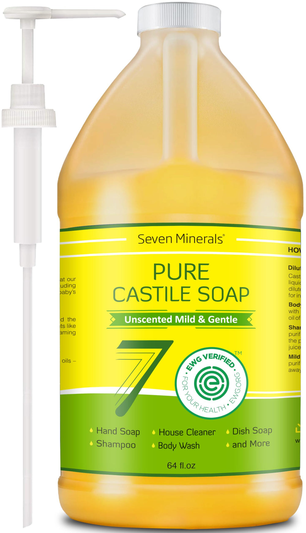 Seven Minerals Pure Castile Soap bottle unscented for gentle cleansing and versatile use.