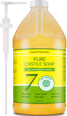 Seven Minerals Pure Castile Soap bottle unscented for gentle cleansing and versatile use.