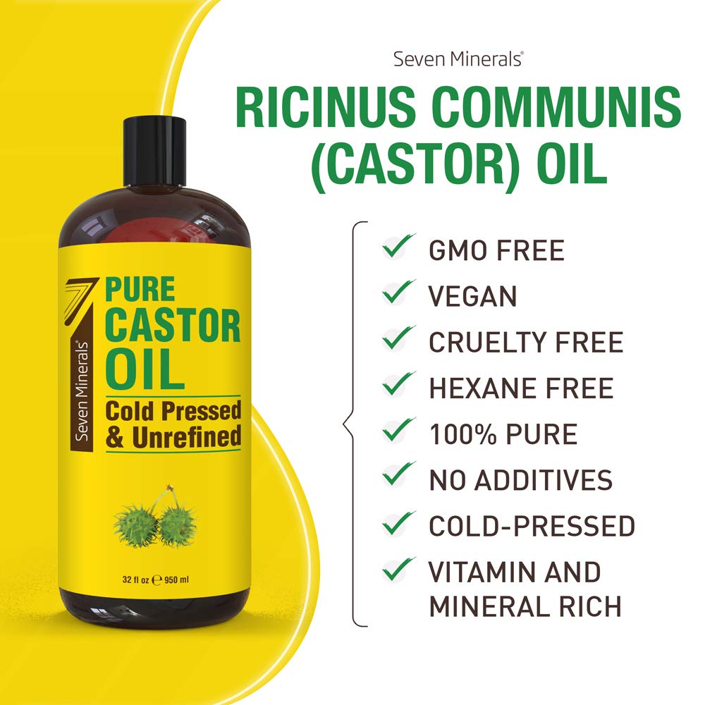 Seven Minerals castor oil close-up shows hexane-free, single-ingredient purity.
