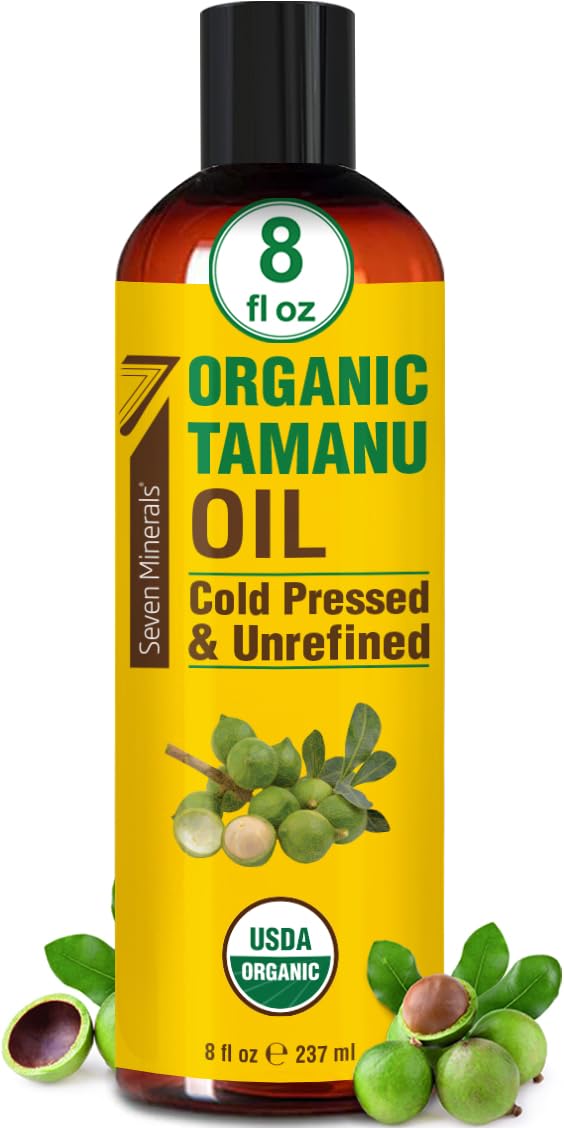 Seven Minerals Tamanu Oil bottle pour for skin and hair nourishment.