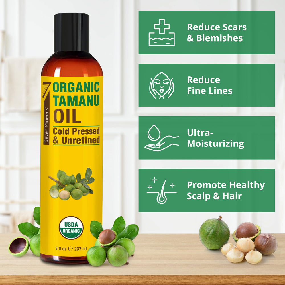 Seven Minerals Tamanu Oil hair application showcasing deep moisture and shine.