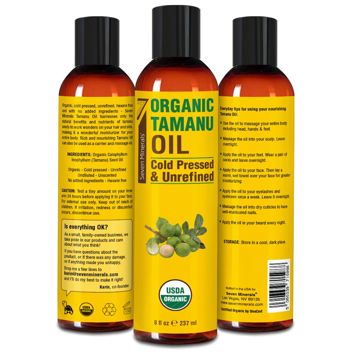Seven Minerals Tamanu Oil hexane-free label closeup emphasizing nutrient-rich formula.