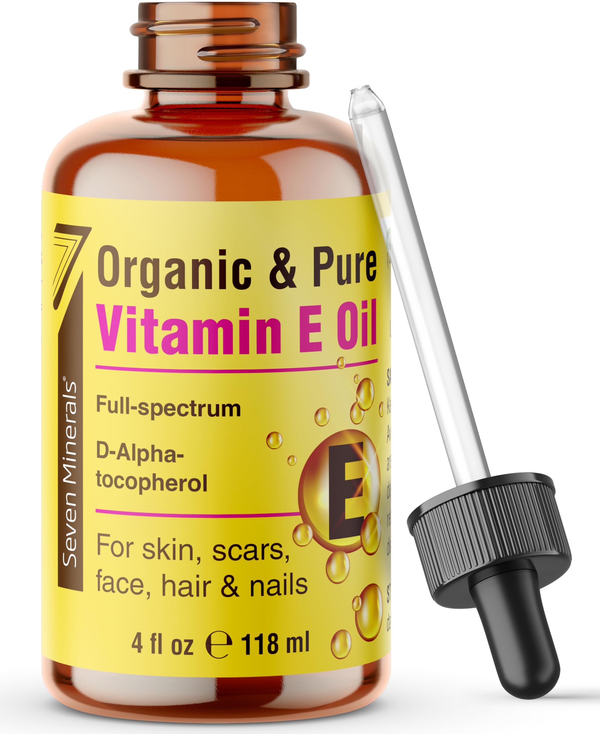 Seven Minerals Ultra Pure Vitamin E Oil bottle pour showing pure full-spectrum formula for skin use