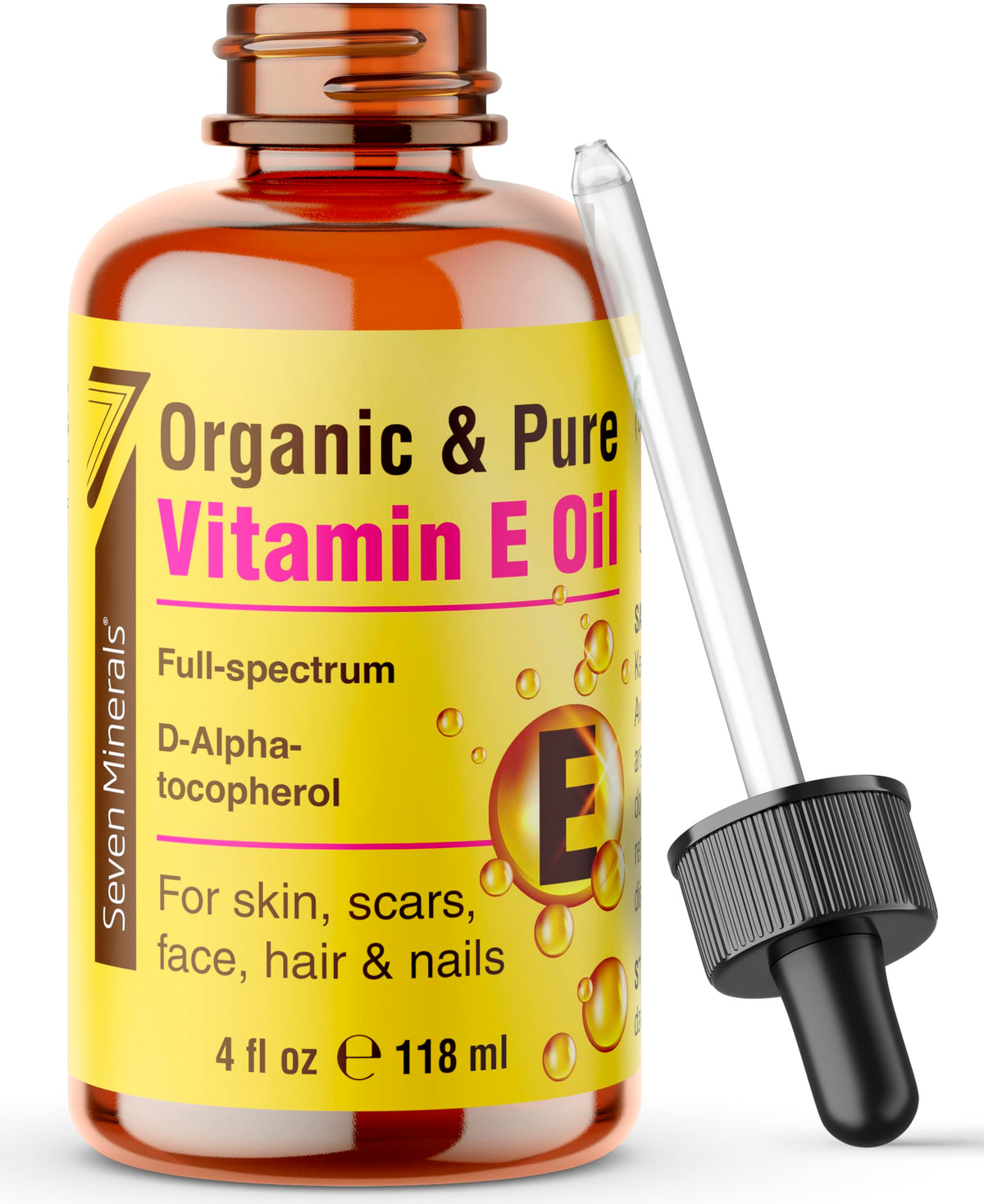 Seven Minerals Ultra Pure Vitamin E Oil bottle pour showing pure full-spectrum formula for skin use