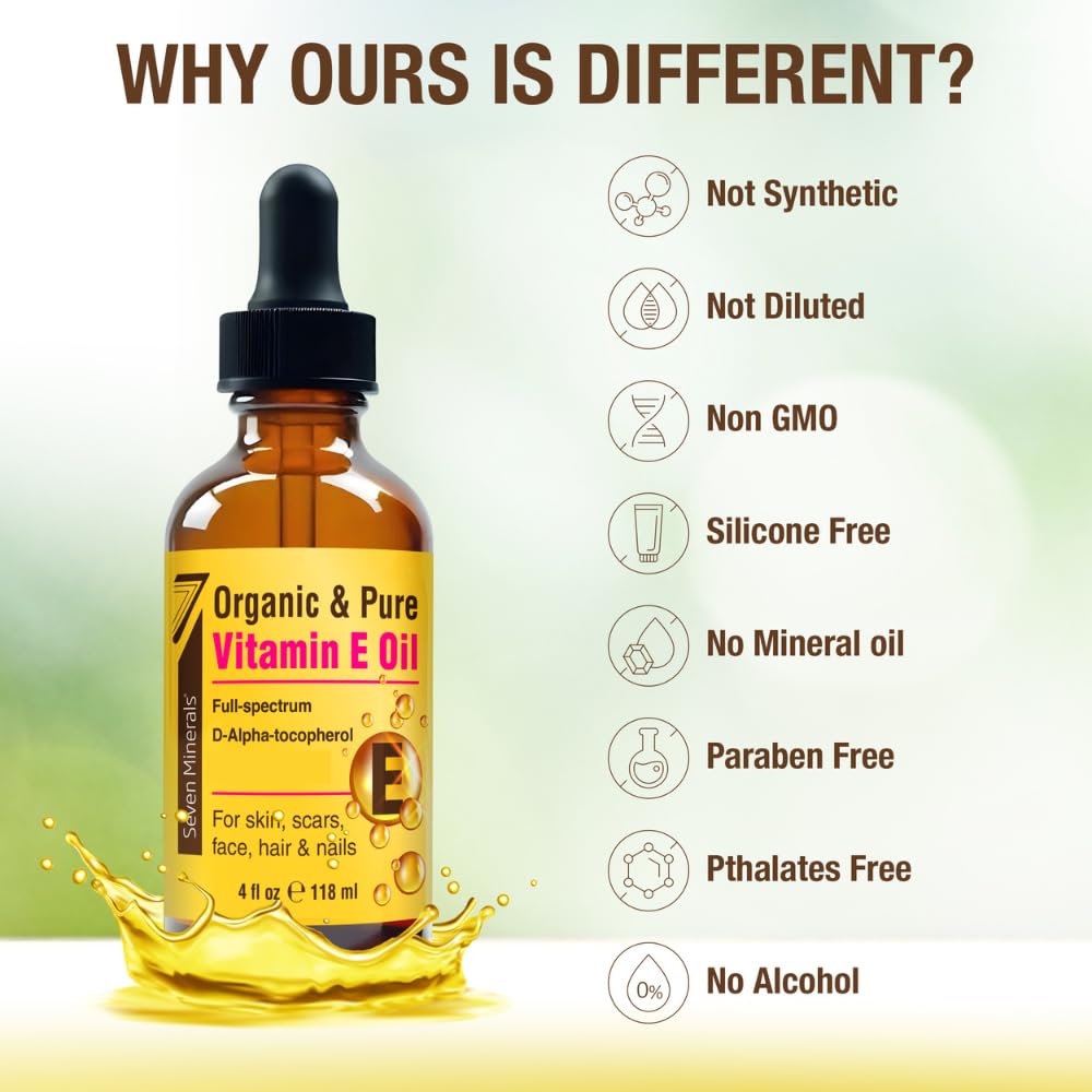 Seven Minerals Vitamin E Oil 4 oz bottle packaging display