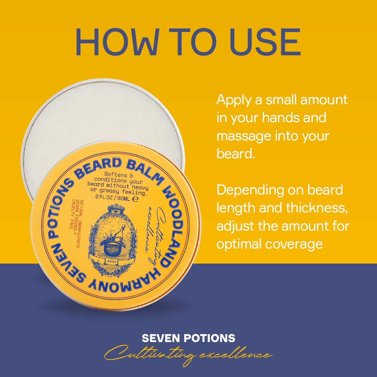 Seven Potions beard balm on shiny, well-groomed beard