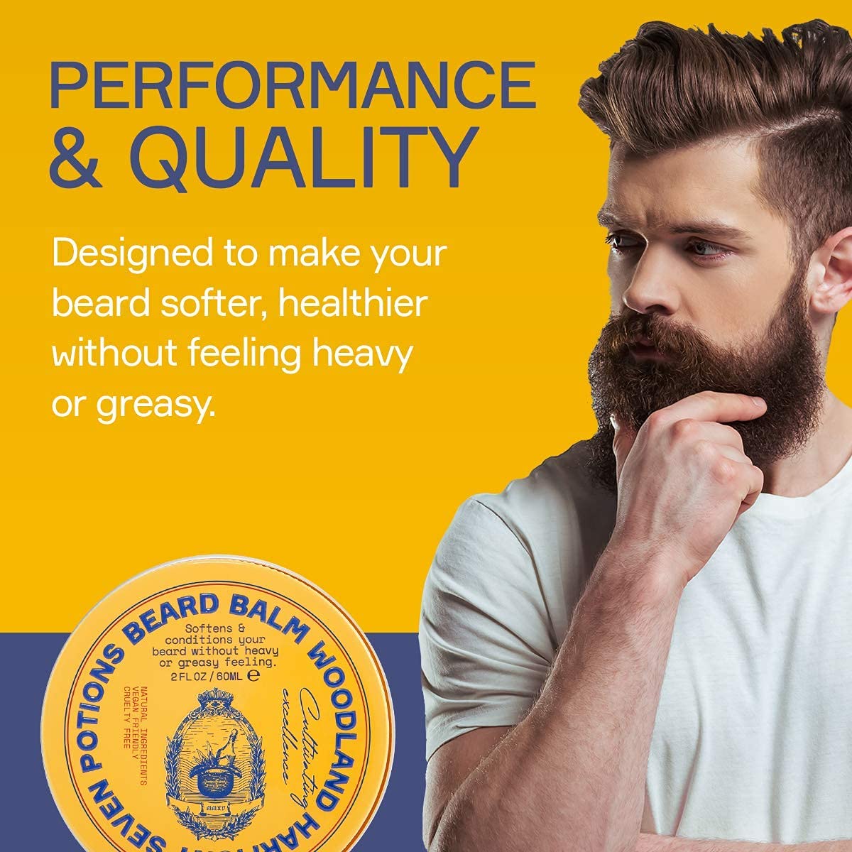Seven Potions beard balm tin packaging with natural ingredients