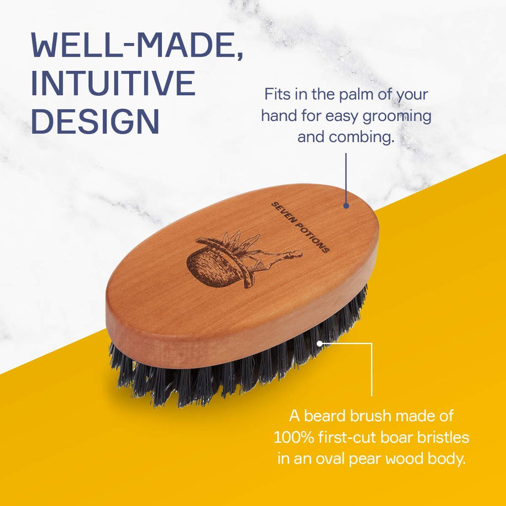 Seven Potions beard brush softens beard by distributing natural oils.