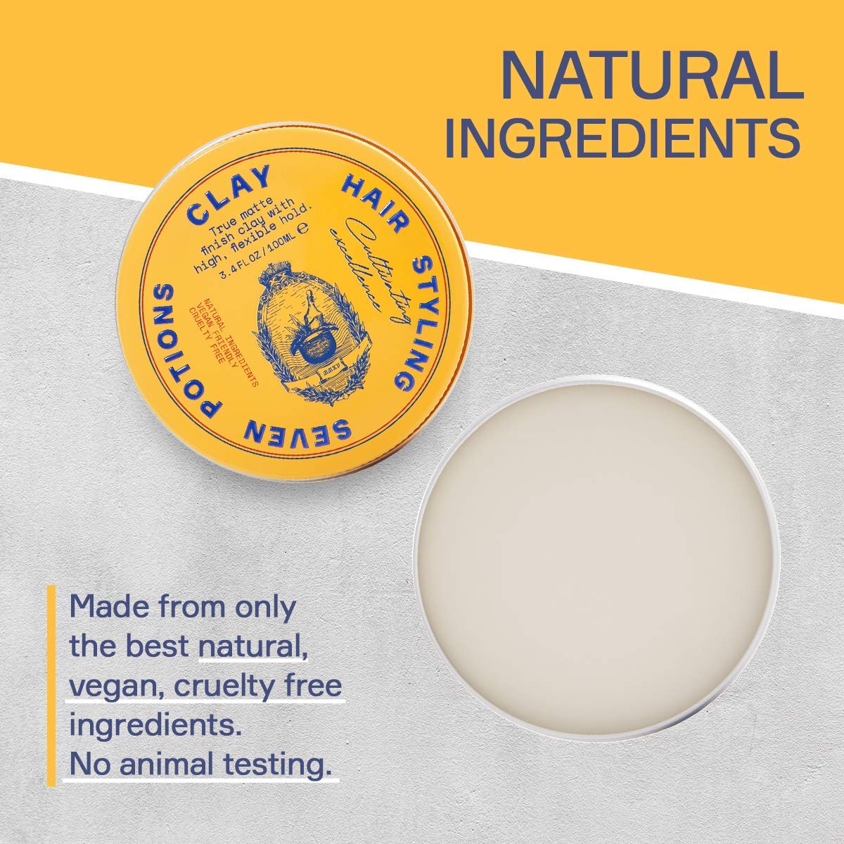 SEVEN POTIONS Hair Clay on hands demonstrates easy restyle, quick styling