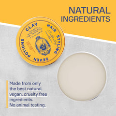 SEVEN POTIONS Hair Clay on hands demonstrates easy restyle, quick styling
