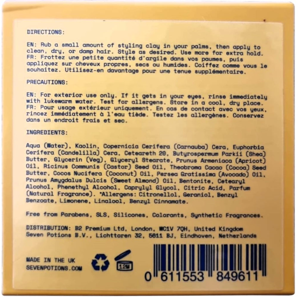SEVEN POTIONS Hair Clay packaging close-up with 3.4 fl oz size