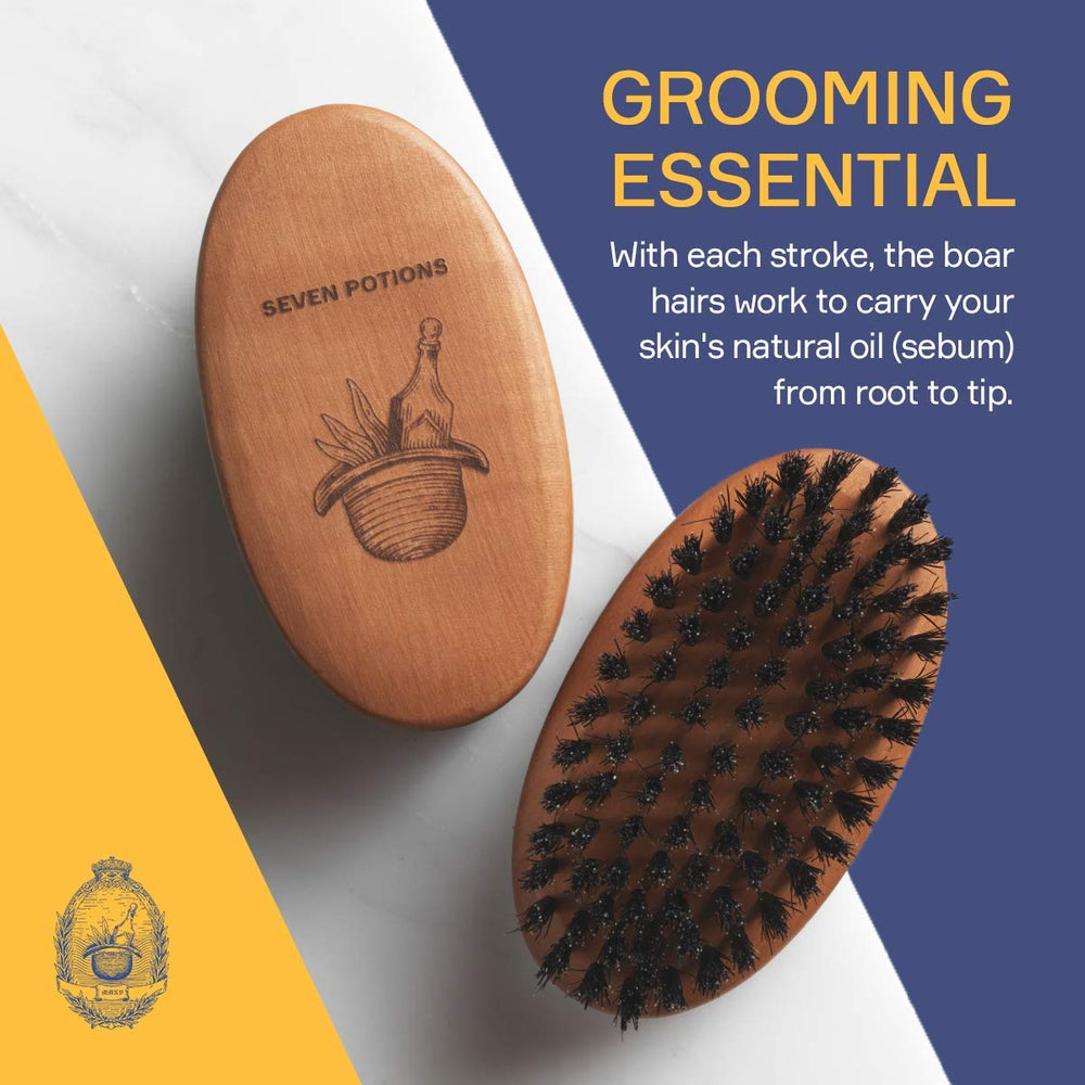 Seven Potions pear wood beard brush showcases durable body and confident grip.