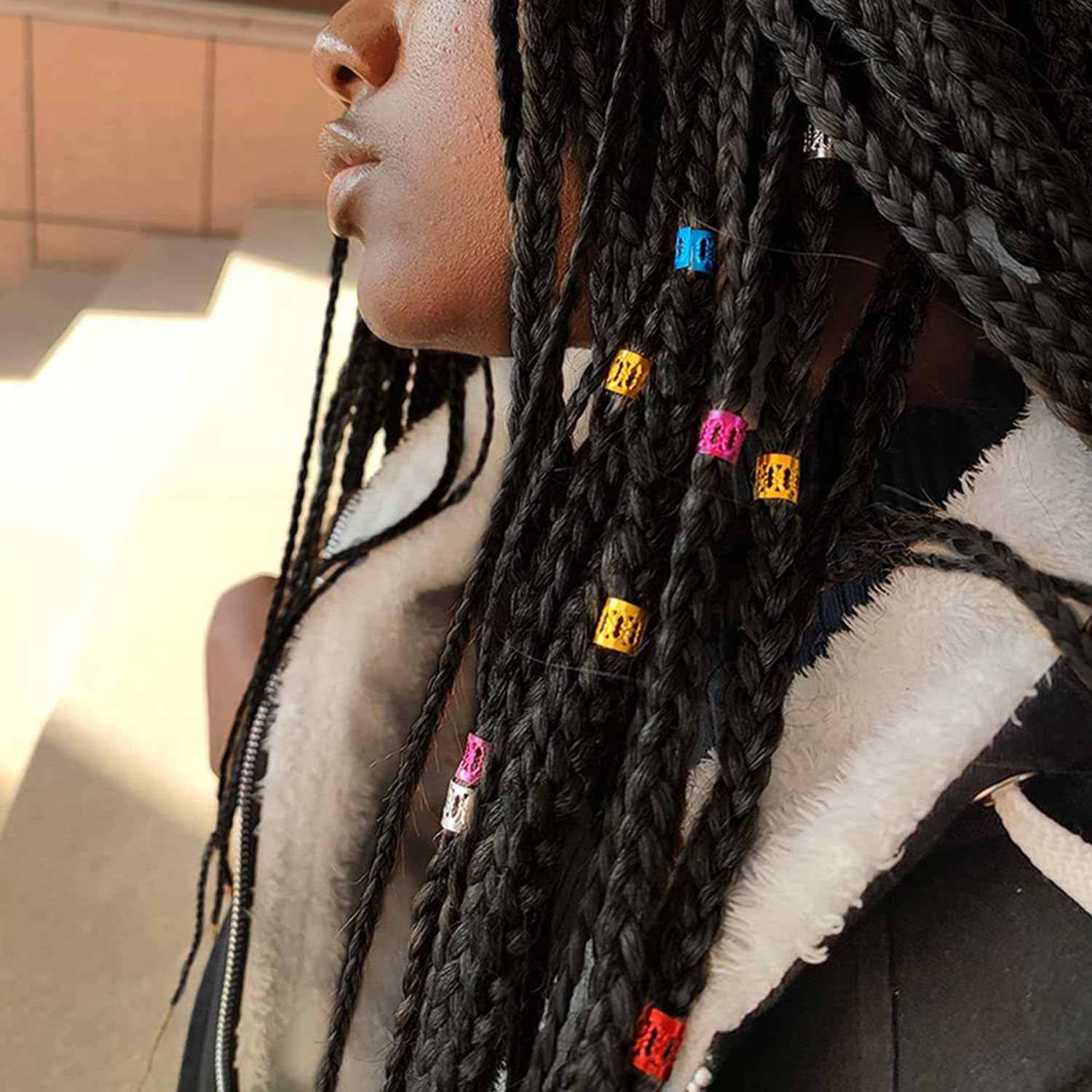 Sevenhead dreadlock beads black on braid style for decorative styling.