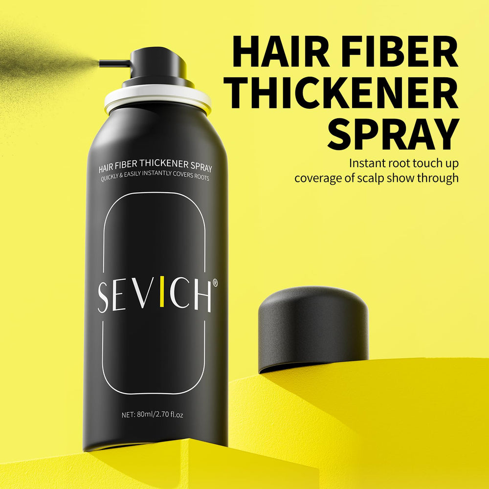 Sevich Hair Fiber Spray application action illustrates quick root touch-up and seamless blend.