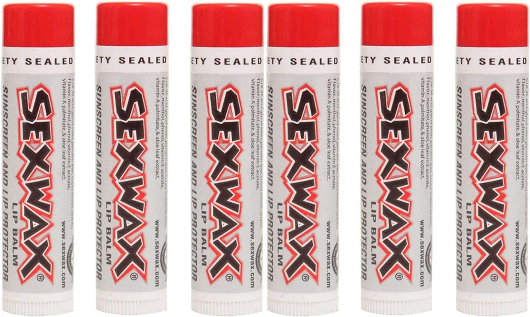 Sex Wax Lip Balm 6-pack twist-up on sunny beach, protecting lips with SPF 30 and moisturization