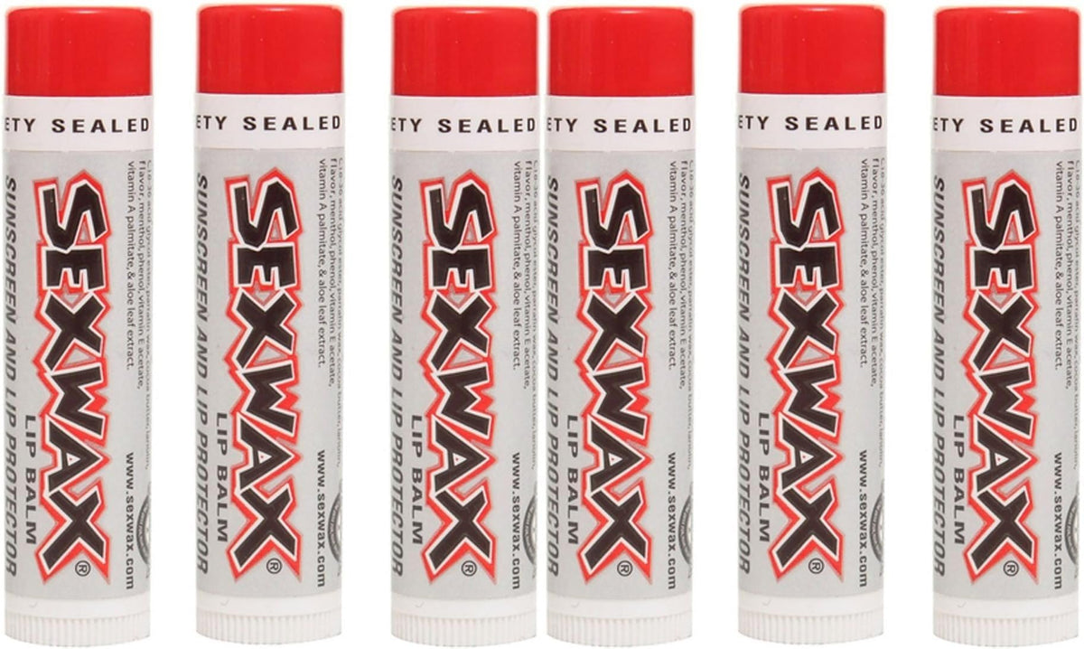 Sex Wax Lip Balm 6-pack twist-up on sunny beach, protecting lips with SPF 30 and moisturization