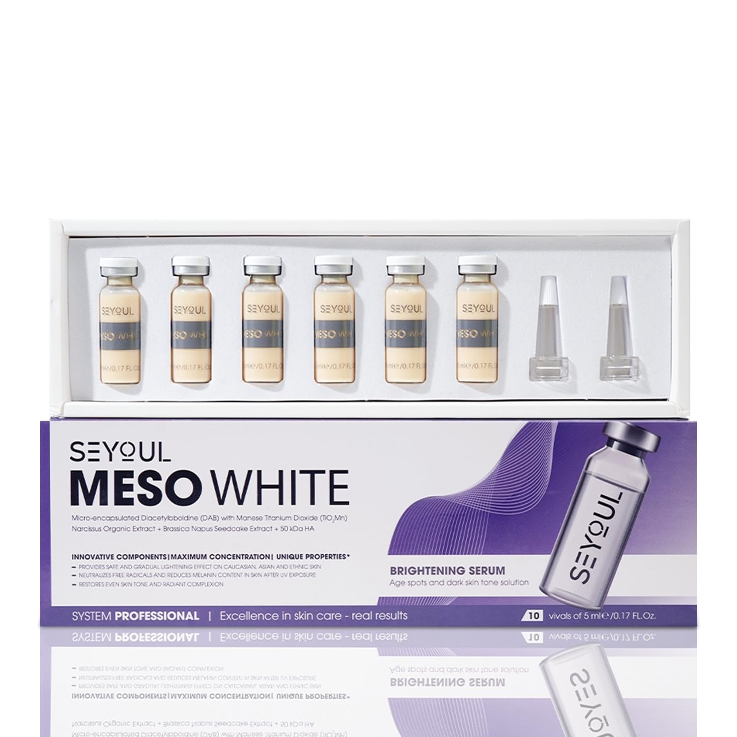 SEYOUL Meso White serum ampoules packaging shows sealed vials for clean, precise application