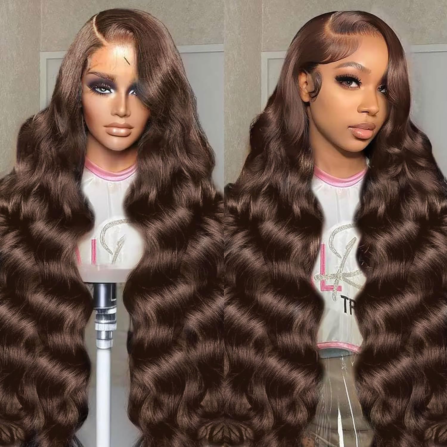SFTNMEH 30-inch chocolate brown lace-front wig with natural hairline for everyday realism.