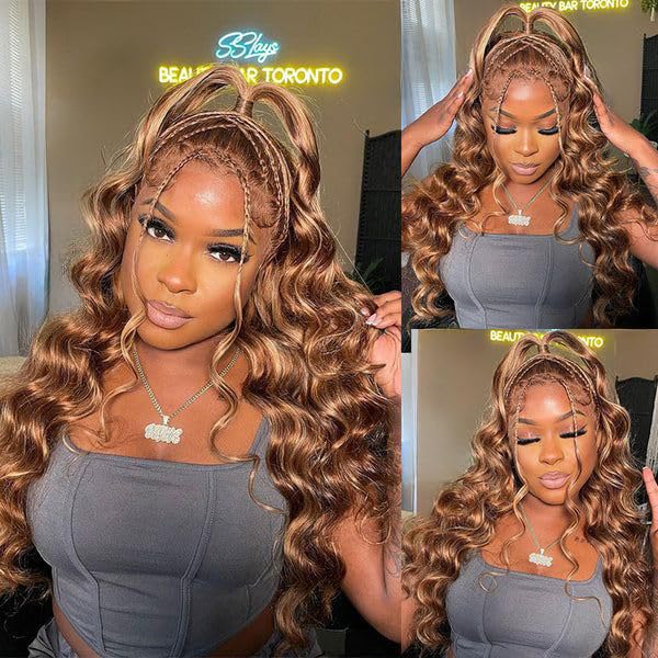 SFTNMEH honey blonde ombre 13x6 wig back view highlights length and waves.