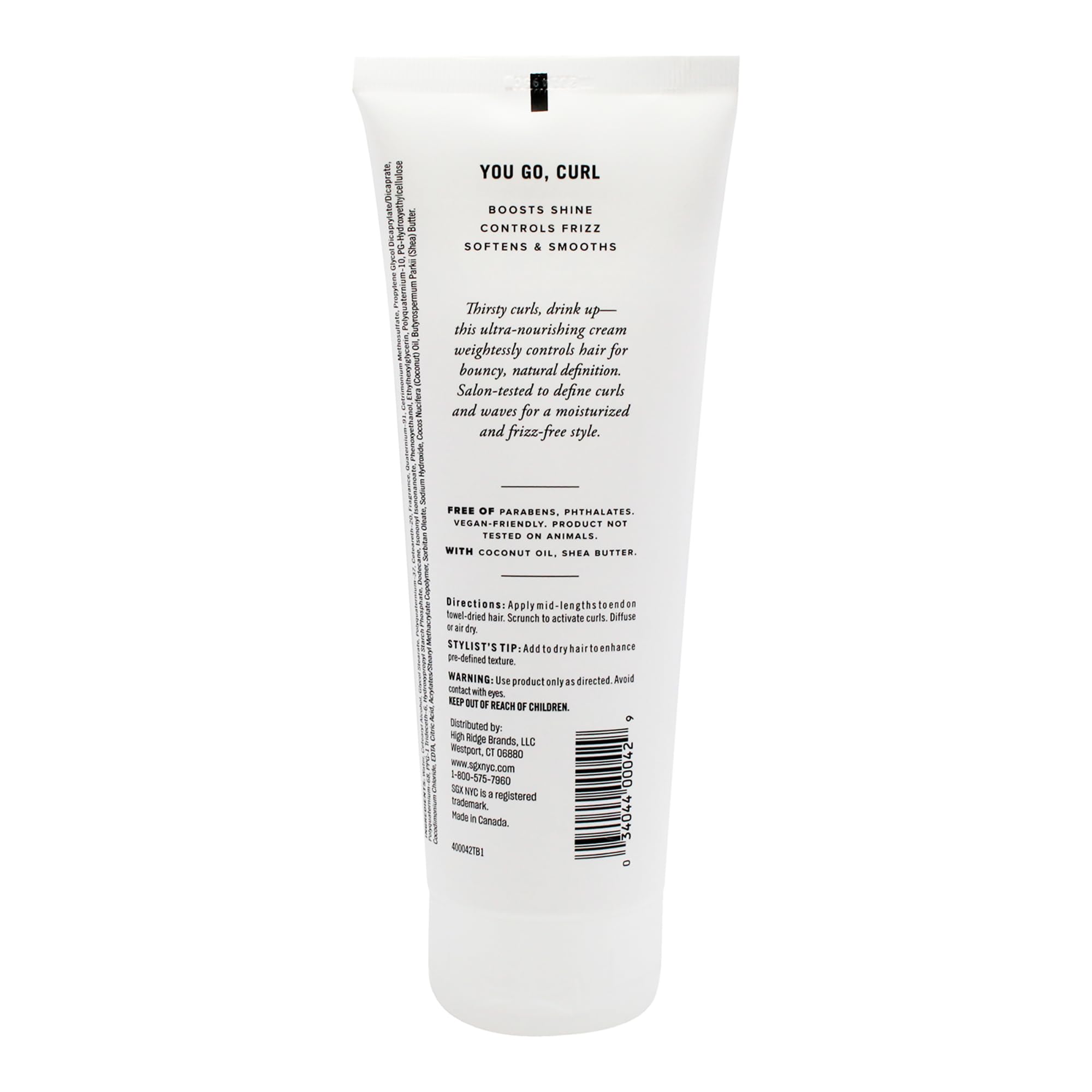 SGX NYC Curl Power Cream label closeup emphasizes coconut and shea butter benefits