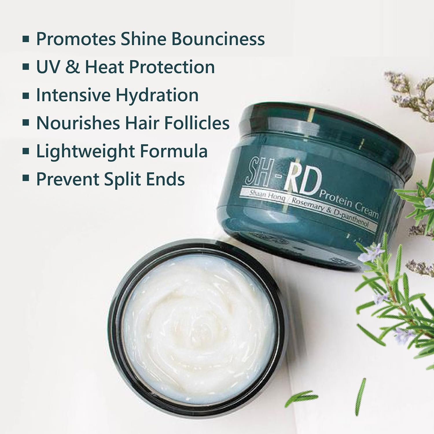 SH-RD Protein Cream dispense shows easy-to-use pump for quick hydration before styling.