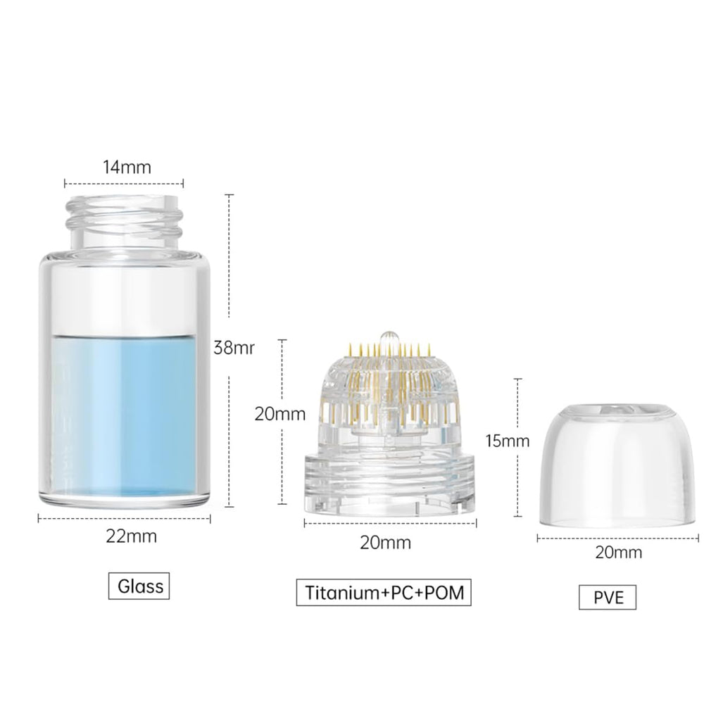 Shake Beauty Hydra Needle Derma Stamp shows portable 5ml glass bottle for serum delivery.