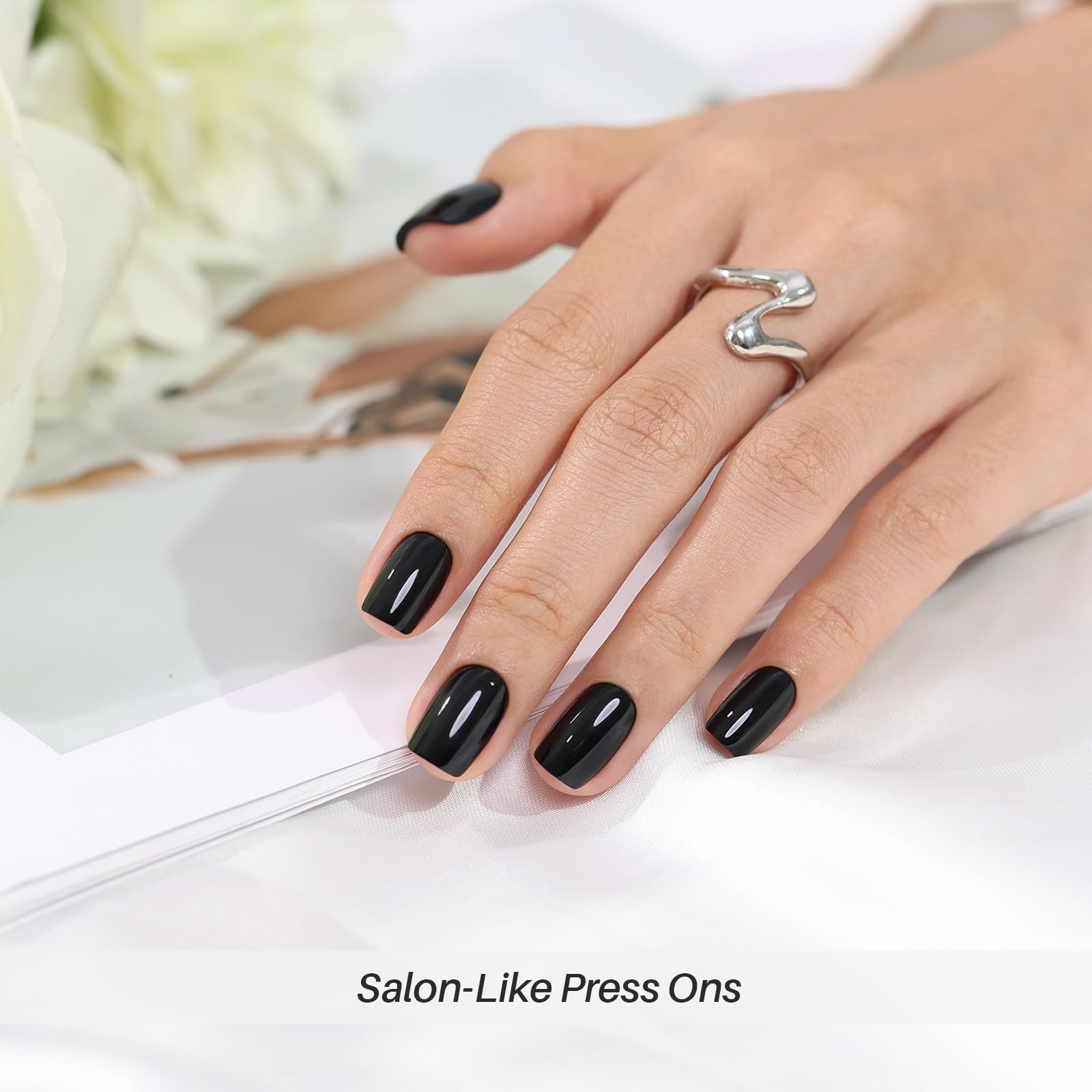 ShangMeng square black nails showcase gel-polish color with durable shine without gel lamp.
