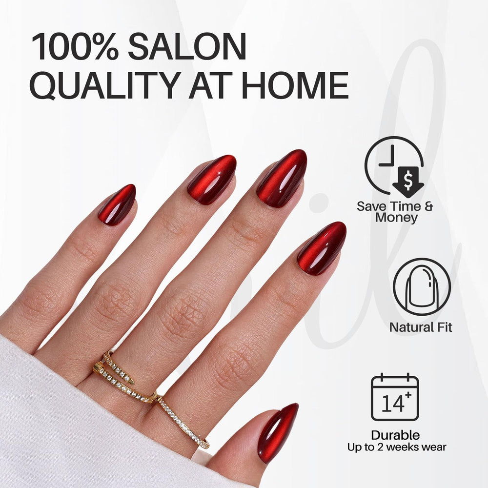 ShangMeng nails close-up reveals glossy dark red color with cat-eye shimmer for a glam look