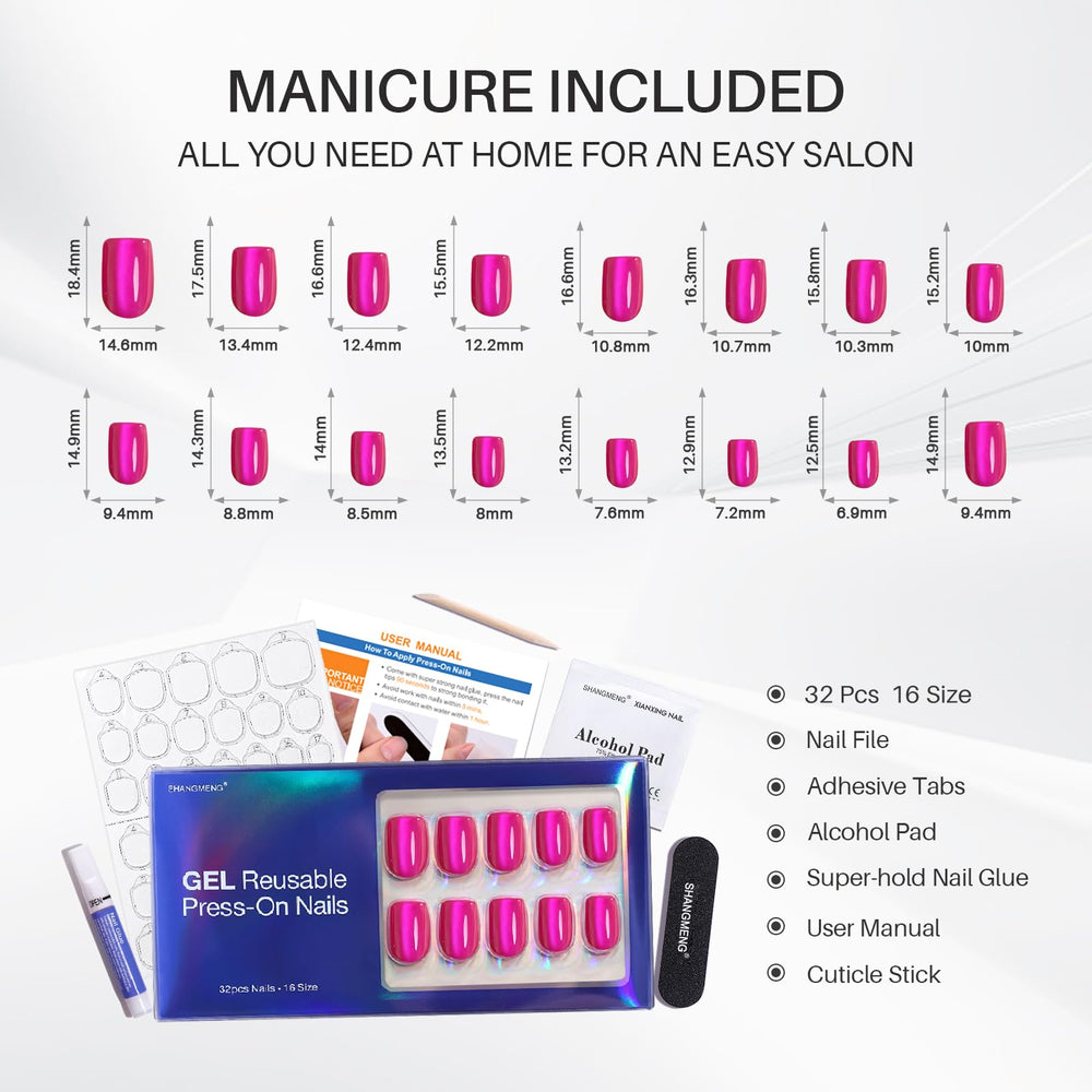 ShangMeng hot pink nails 32 reusable soft gel tips depicted for versatile wear options.