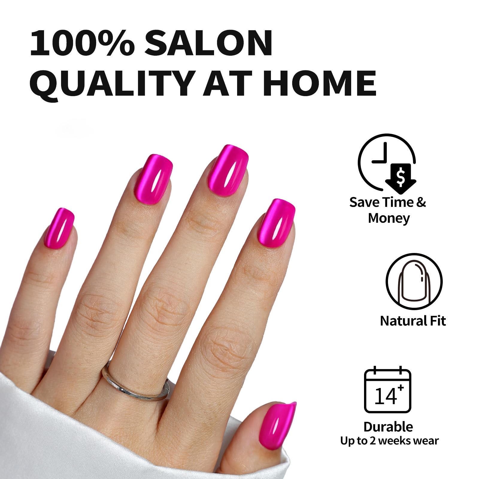ShangMeng hot pink press-on nails with glossy finish and vibrant shine close-up.