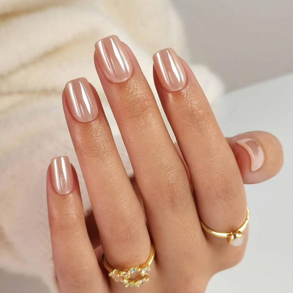 ShangMeng Nude Chrome press-on nails in square shape with Aurora Nude finish.