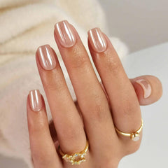 ShangMeng Nude Chrome press-on nails in square shape with Aurora Nude finish.