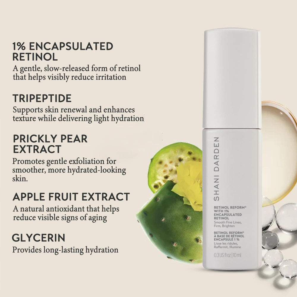 SHANI DARDEN Retinol Reform ingredients flatlay highlighting niacinamide and ceramides.