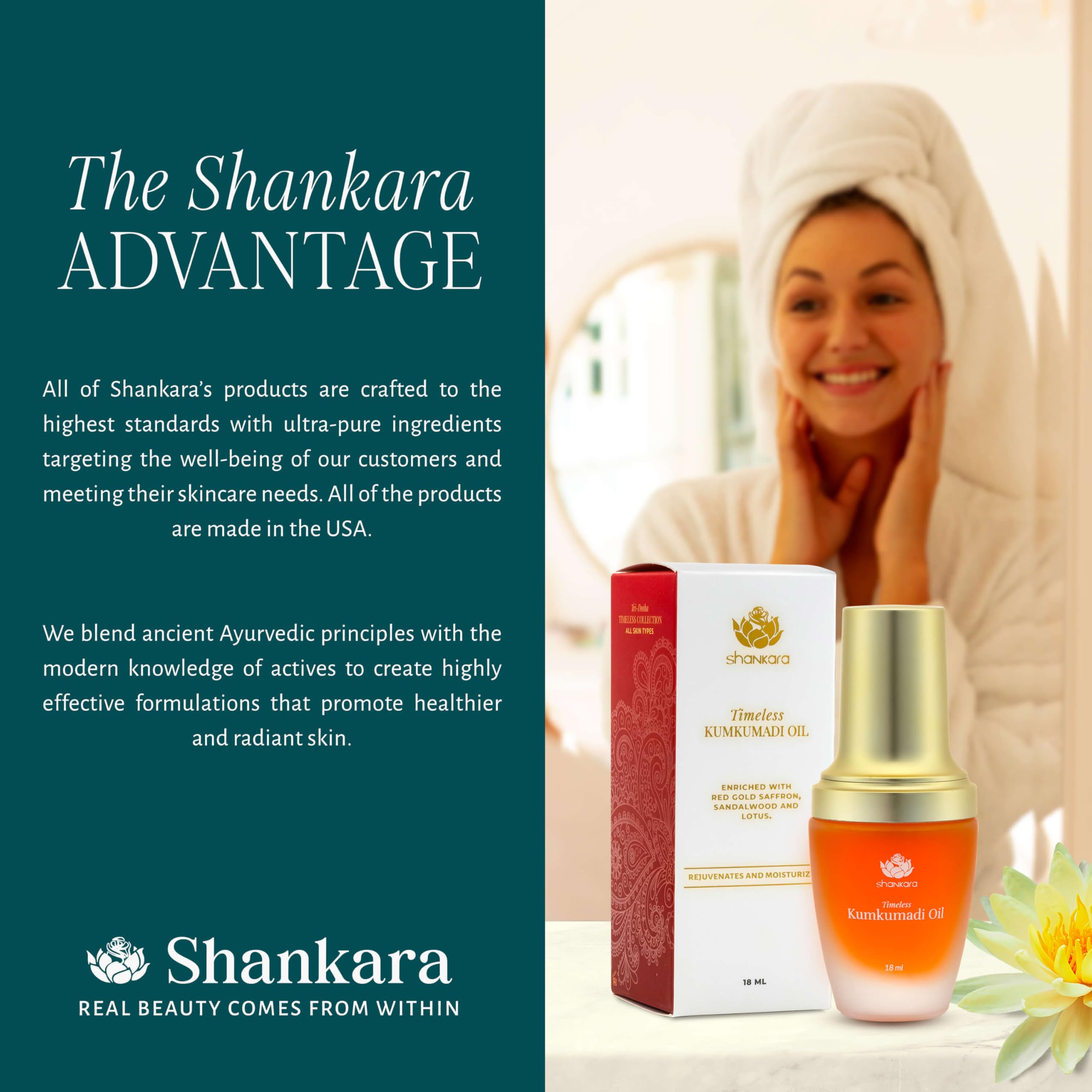 Shankara Kumkumadi Oil bottle-top view emphasizes purity and premium formulation.