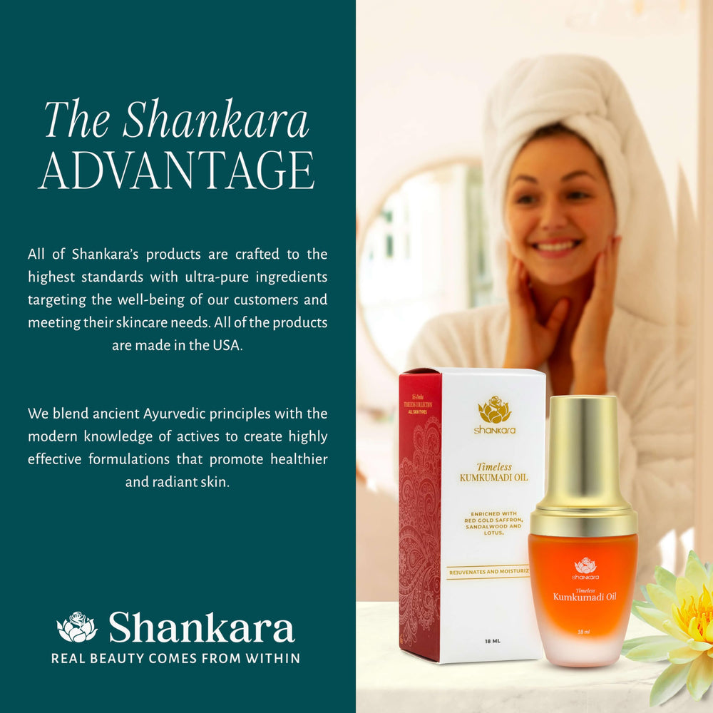 Shankara Kumkumadi Oil bottle-top view emphasizes purity and premium formulation.