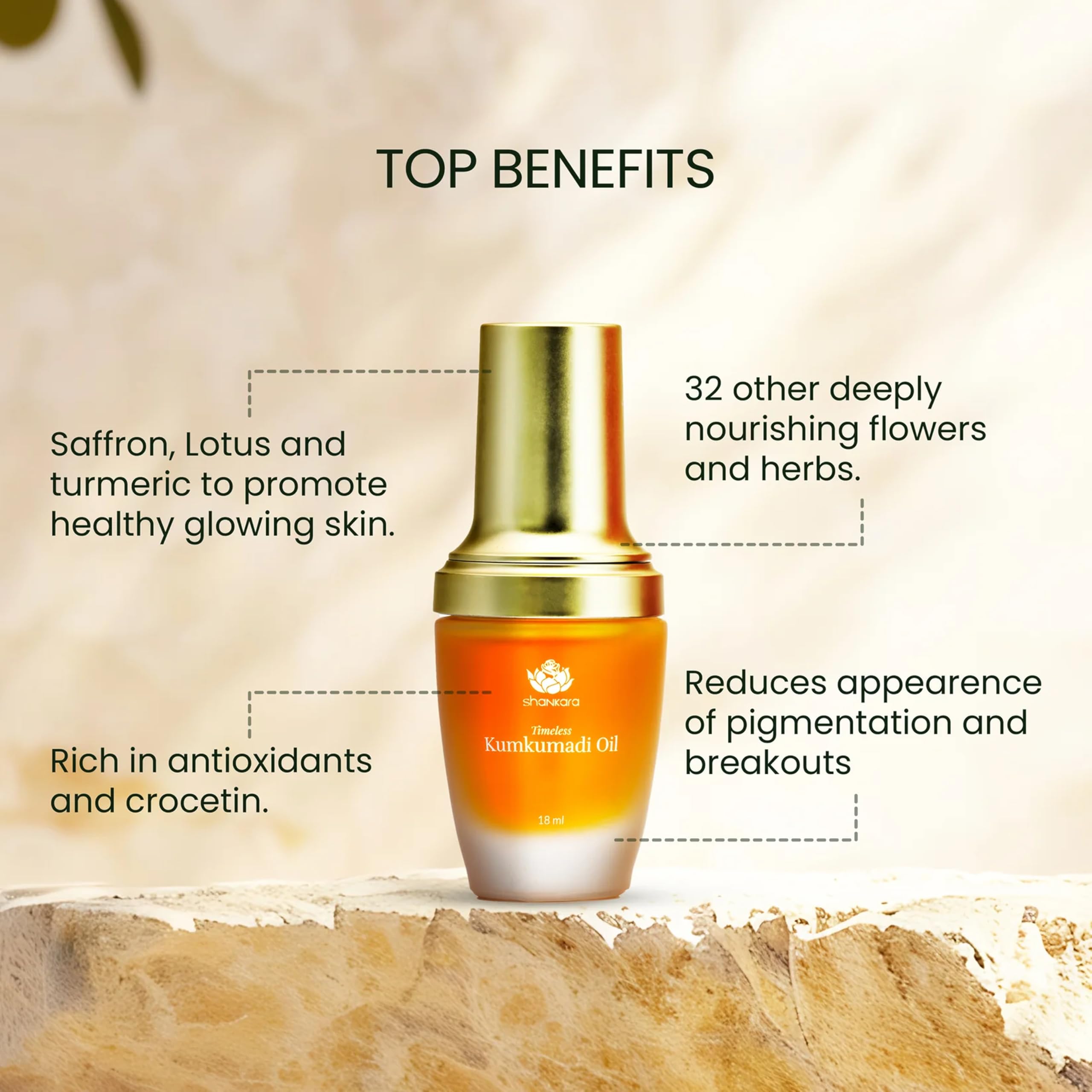 Shankara Kumkumadi Oil gua sha setup suggests soothing skin rejuvenation.