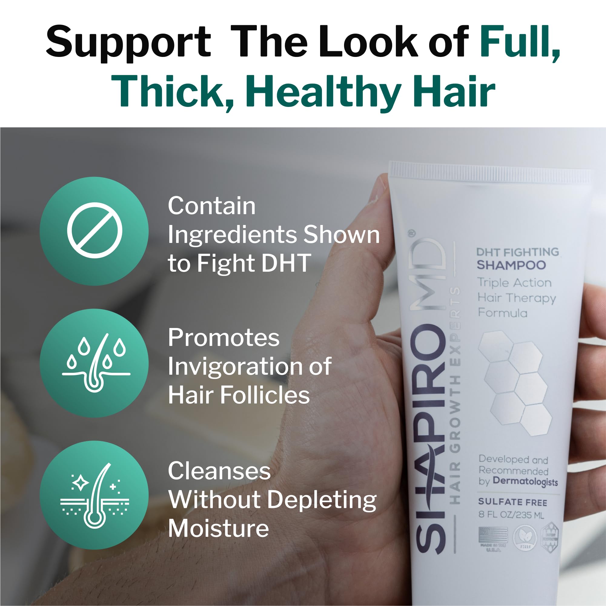 Shapiro MD Hair Growth Experts after-use close-up suggests fuller-looking hair.