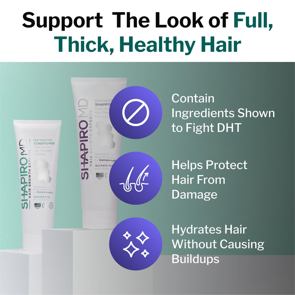 Shapiro MD Hair Growth Experts conditioner bottle emphasizes triple-action care for fuller-looking hair.