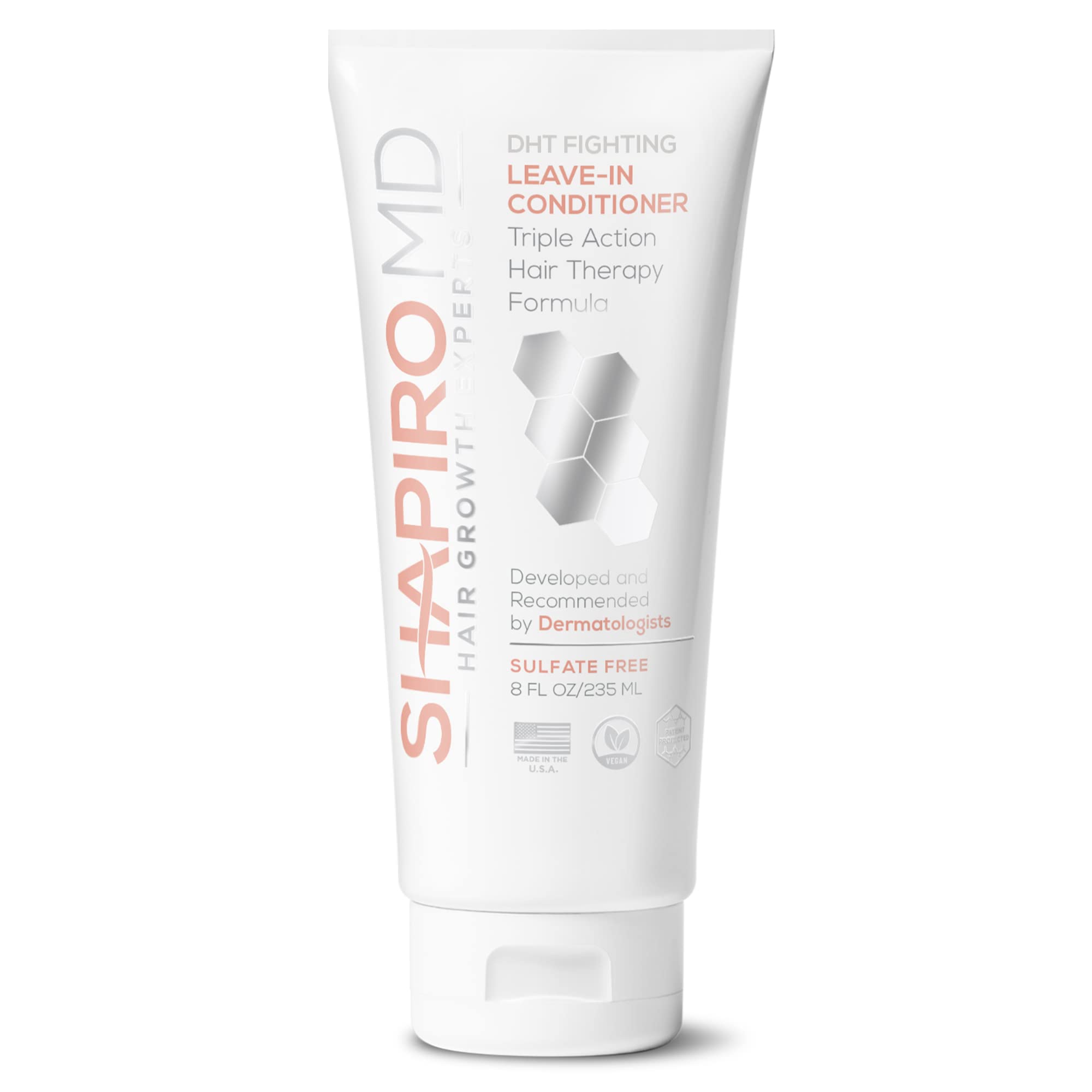 Shapiro MD leave-in conditioner bottle shows vegan DHT-blocking formula for thinning hair